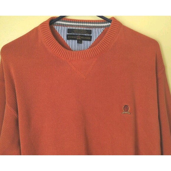 VTG Mens XL Tommy Hilfiger Orange Sweater Embroidered Crest Pullover 90's Preppy - Picture 1 of 7